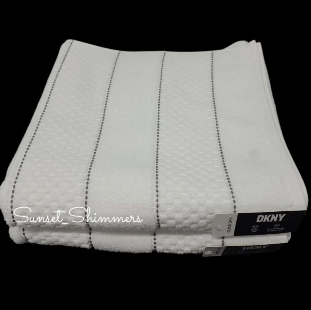 9pc DKNY White Textured Dark Gray Dot Pin Stripe Bath Hand Washcloth Towel Set